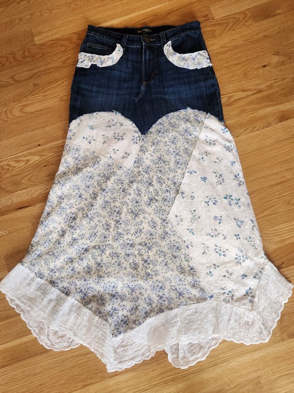 Upcycled Lee Jeans Denim Patchwork Maxi Skirt Sz 6 Boho Western Ooak